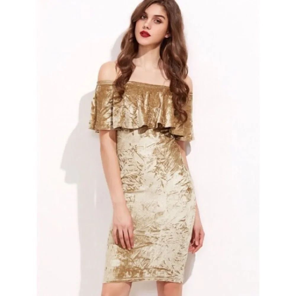 ✨Gold Off The Shoulder Crushed Velvet Ruffle Dress
